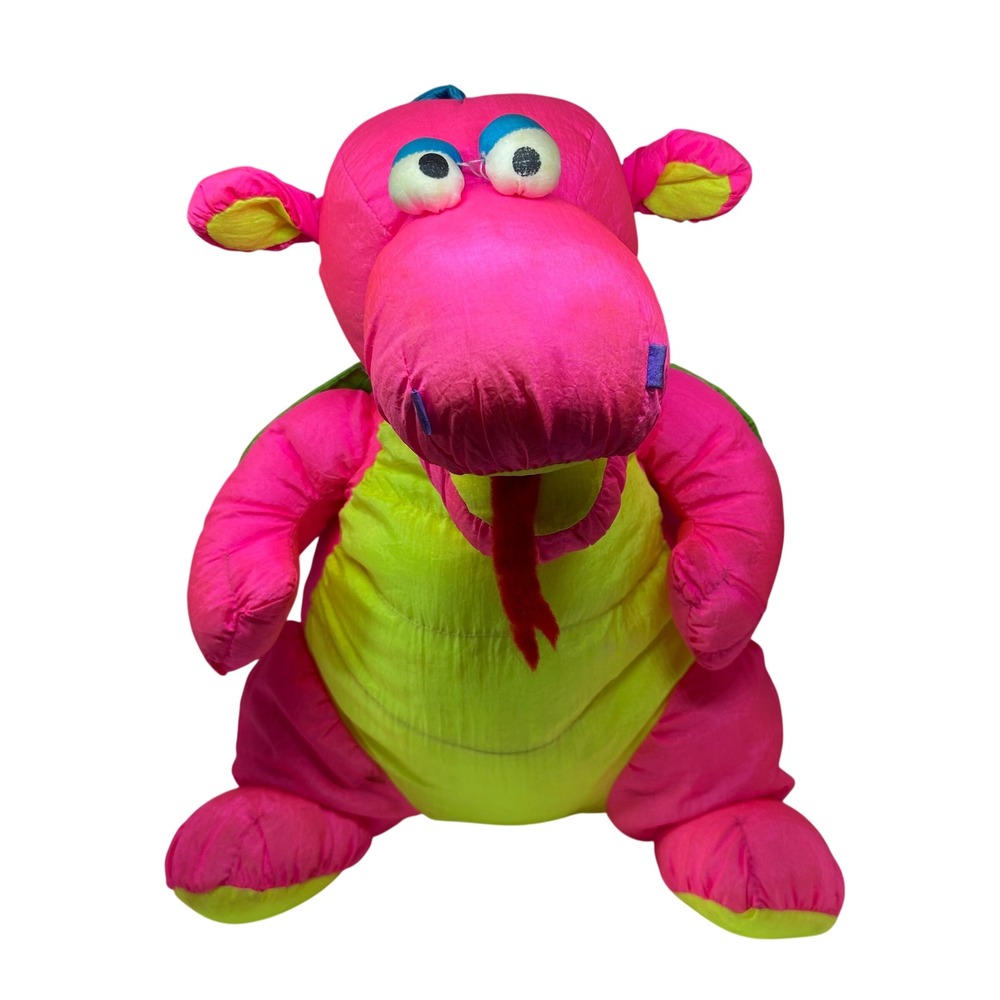 VTG Chosun Dragon Plush Pink Neon Green Puffalump Style Stuffed Animal Toy 90's‎